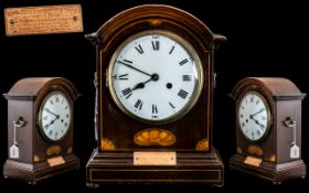 An Edwardian Mahogany Inlaid Cased Mantle Clock with Arabic Numerals and White Dial.
