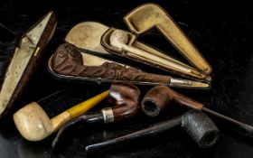 A Collection of Smoking Pipes to include a cased carved pipe with recumbent lion and floral bowl in