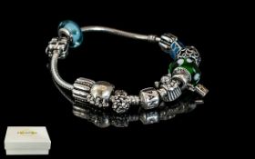 Pandora - Signed Sterling Silver Charm Bracelet Loaded with 11 Enamel Set.