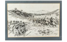 Pen & Ink Drawing of British Soldiers, fighting in the Boer War, signed H Johnson.