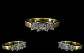 18ct Gold - Attractive Princess Cut Diamond Set Cluster Ring. The Princess Cut Diamonds ( 12 ) of