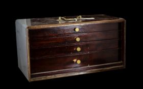 Antique Mahogany Specimen Box, four graduating drawers lined in blue velvet brass handle to top ,