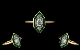 Art Deco Period Ladies - 14ct Gold Attractive Emerald and Diamond Set Dress Ring, Pleasing Design.