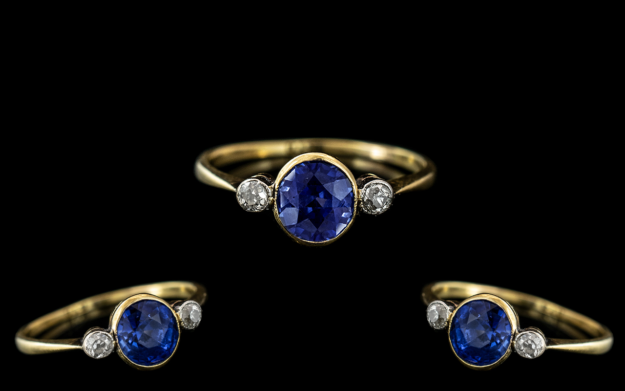 Ladies - Superb 18ct Gold Elegant - Petite 3 Stone Sapphire and Diamond Set Dress Ring. c.1920's.