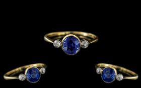 Ladies - Superb 18ct Gold Elegant - Petite 3 Stone Sapphire and Diamond Set Dress Ring. c.1920's.