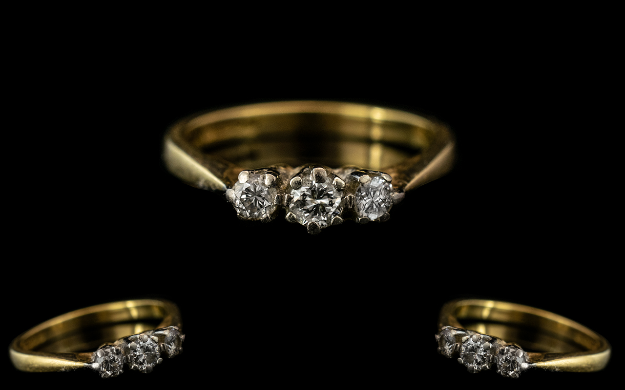 18ct Gold - Attractive 3 Stone Diamond Set Ring. Full Hallmark for 750 - 18ct to Interior of
