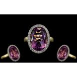 18ct Gold - Superb Quality Large Amethyst and Diamond Set Dress Ring, Heavy Shank ( Expensive ) Full