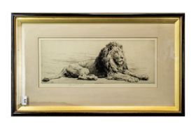 Herbert Dicksee Pencil Etching Depicting a Lion, signed in pencil, in original frame,