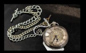 Silver Open Faced Pocket Watch - Silver Dial with Roman Numerals with Subsidiary Seconds and Blue