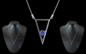 18ct White Gold - Contemporary Designed Sapphire Set Pendant with Integral 18ct White Gold Chain.