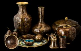 Collection of Cloisonne Items, comprising a 10" vase, a 9" bud vase, a lidded bowl 8" diameter,