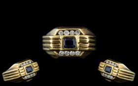 Art Deco Period 18ct Yellow Gold Diamond and Sapphire Set Dress Ring of solid cast design.