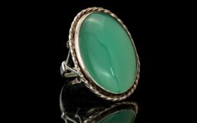 Large Vintage - Impressive Sterling Silver Single Stone Jade Set Ring - Excellent Setting.