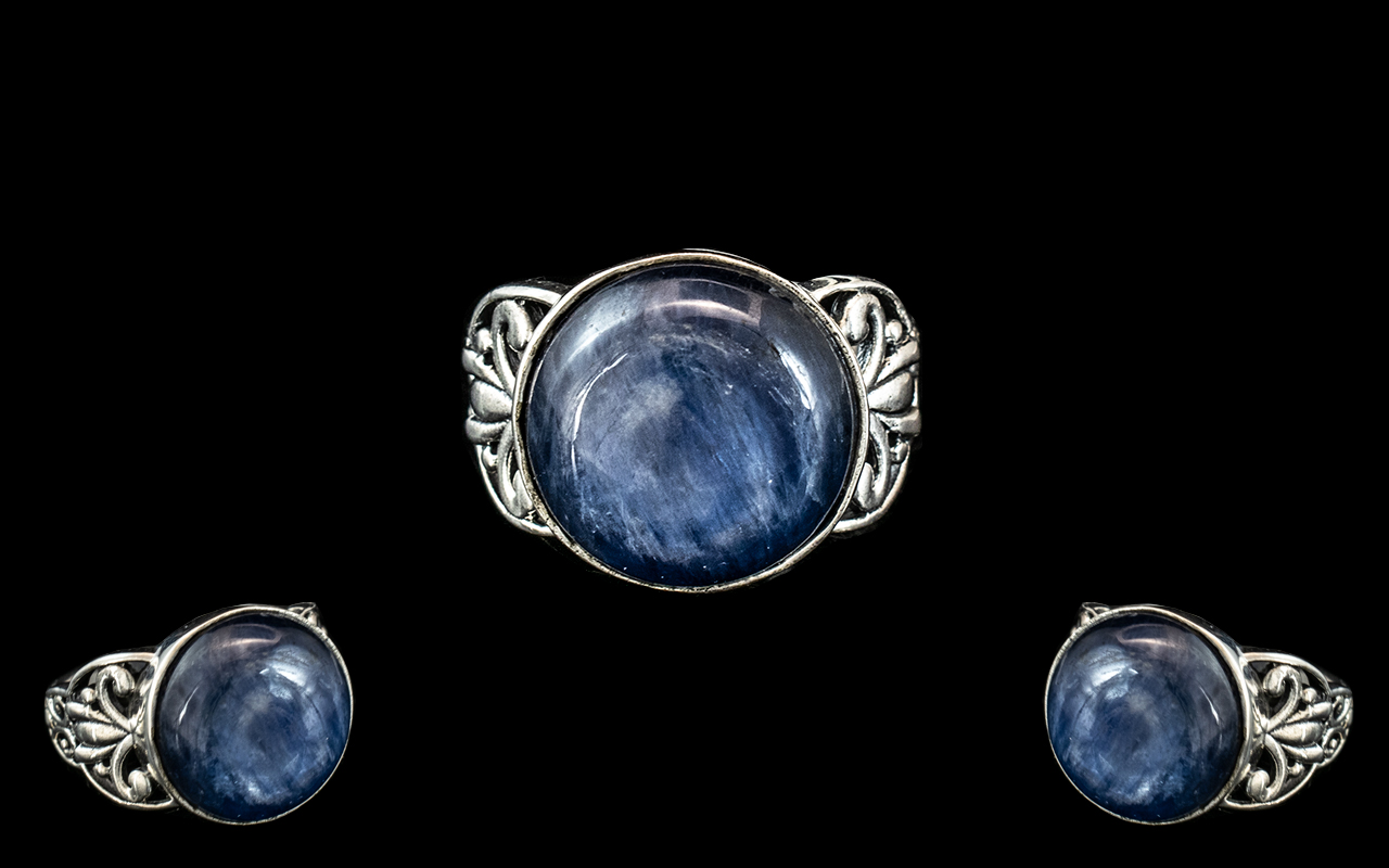 Kyanite Round Cabochon Ring, also known as Moon Kyanite because of the silvery shimmer,