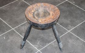 Antique Scottish Rare Pokerwork Milking Stool, raised on three legs, inscribed 'Touch Me Wha Daur'.