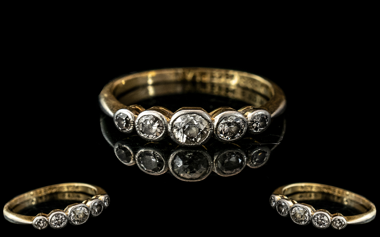 19ct Gold Diamond Ring, set with five old round cut diamonds, stamped 18 ct plat. Ring size J.