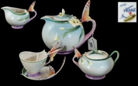 Franz Pottery Butterfly Collection Tea Service, comprising tea pot with beautiful butterfly handle,