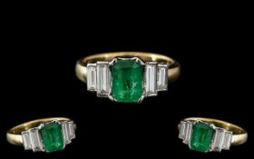 18ct Gold - Attractive 5 Stone Emerald and Diamond Set Dress Ring.