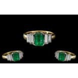 18ct Gold - Attractive 5 Stone Emerald and Diamond Set Dress Ring.