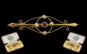 Antique Period 9ct Gold Pearl and Amethyst Set Brooch with Safety Chain, With Original Box.