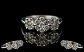 Ladies 9ct White Gold Triple Diamond Set Cluster Ring with full hallmark to interior of shank;