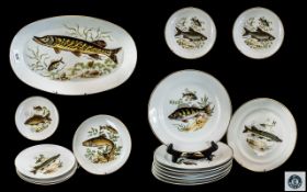 Collection of Naaman of Israel Fish Decorated Dinner Set, comprising a 14" oval fish serving plate,