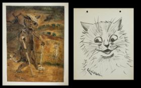 Louis William Wain (1860-1939) - Two original art works by Louis Wain - sketch drawing and painting