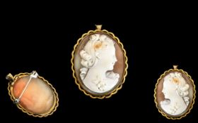 A Shell Cameo Brooch carved image of a maiden facing right, mounted in gilt metal. 38 mm x 30 mm.
