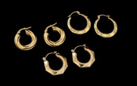 Ladies - Fine Trio of 9ct Gold Hoop Earrings of Various Designs / Sizes.