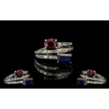 Ladies 18ct White Gold - Contemporary Designed Sapphire / Ruby / Diamond Set Dress Ring.