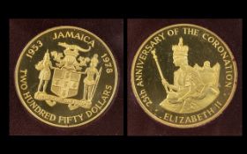 Jamaica 250 Dollar / Gold Coin - Celebrates Queen Elizabeth II Coronation 1953 - 1978.
