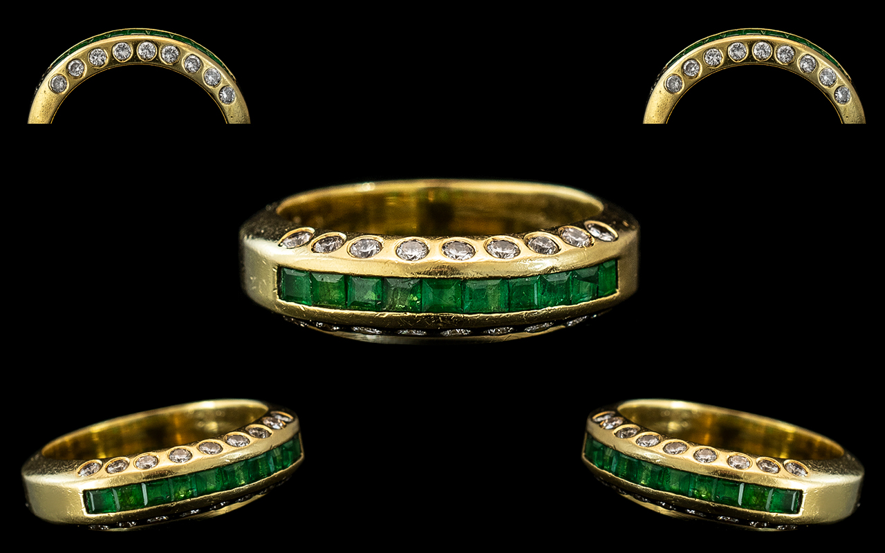 18ct Gold - Attractive Contemporary Designed Emerald and Diamond Set Band Ring. Marked 750 - 18ct to