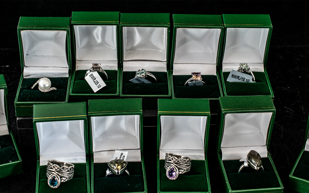 Collection of Twelve Silver Dress Rings, set with coloured crystals, stones, pearls, etc. All marked - Image 2 of 2