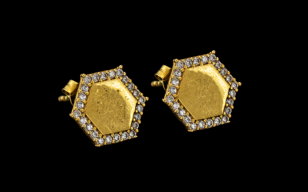 18ct Gold Diamond Set Earrings Hexagonal Front, Set With 24 Brilliant Cut Diamonds.