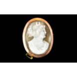 Victorian Period - Attractive Large Shell Cameo Brooch - Mounted In a 9ct Rose Gold Mount with