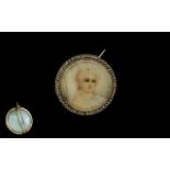 A Mid Victorian Period Superb 15ct Gold Diamond Set Mounted Round Brooch with Hand Painted Portrait