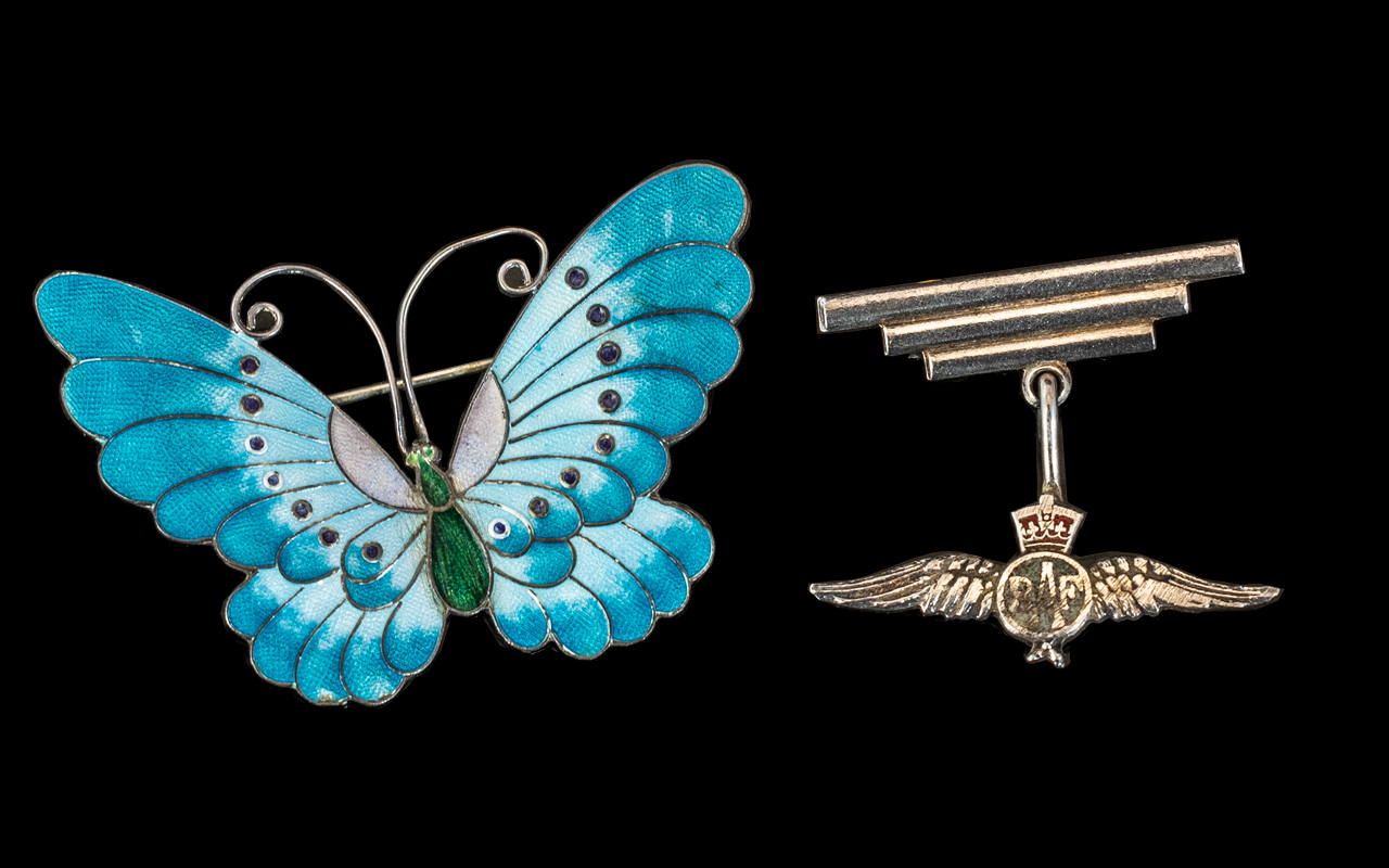 Silver Enamelled Butterfly Brooch 35 x 54mm, Together With A Silver RAF Sweetheart Brooch.