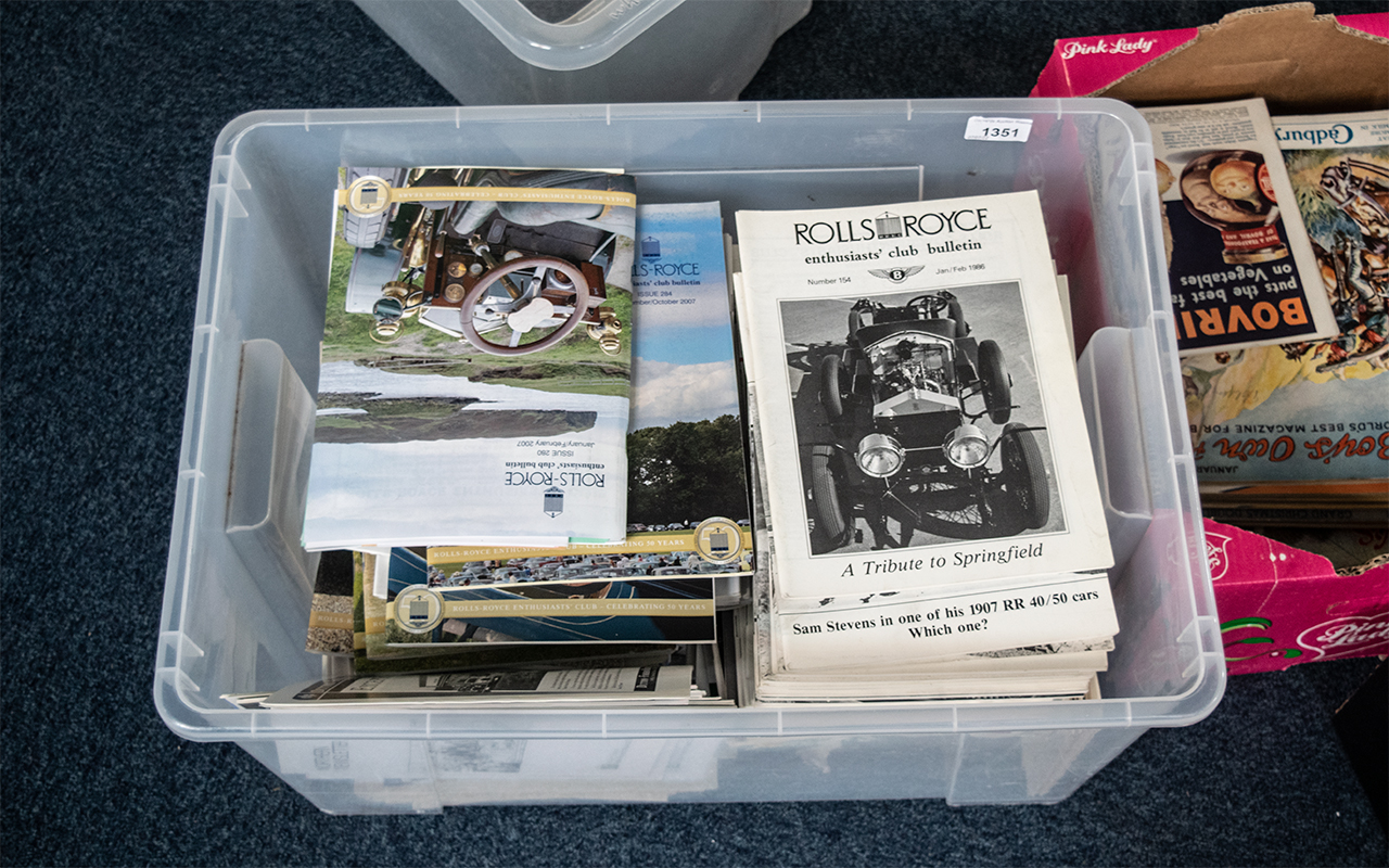 Box of Rolls Royce Enthusiasts Club Magazines, over 50 in total, various dates from 1980s onwards.