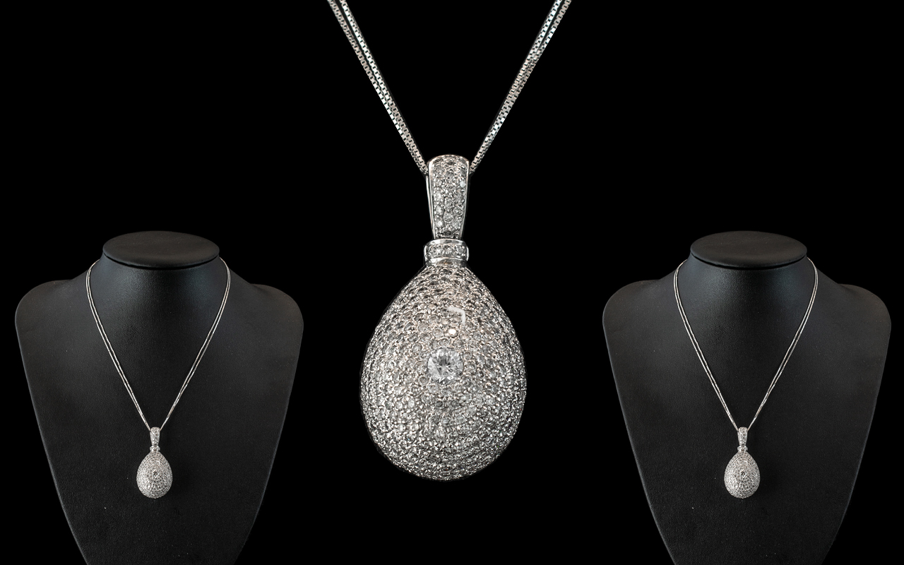 18ct White Gold - Impressive Diamond Set Pomander ( Perfume Holder ) With Attached 18ct White Double