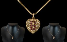Antique Period Attractive / Exquisite 18ct Gold Heart Shaped Small Pendant Set with Rubies and Seed
