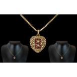 Antique Period Attractive / Exquisite 18ct Gold Heart Shaped Small Pendant Set with Rubies and Seed