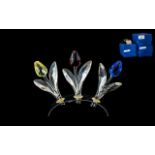 Swarovski Crystal Set Of Three Coloured Flowers With Stand,