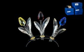 Swarovski Crystal Set Of Three Coloured Flowers With Stand,