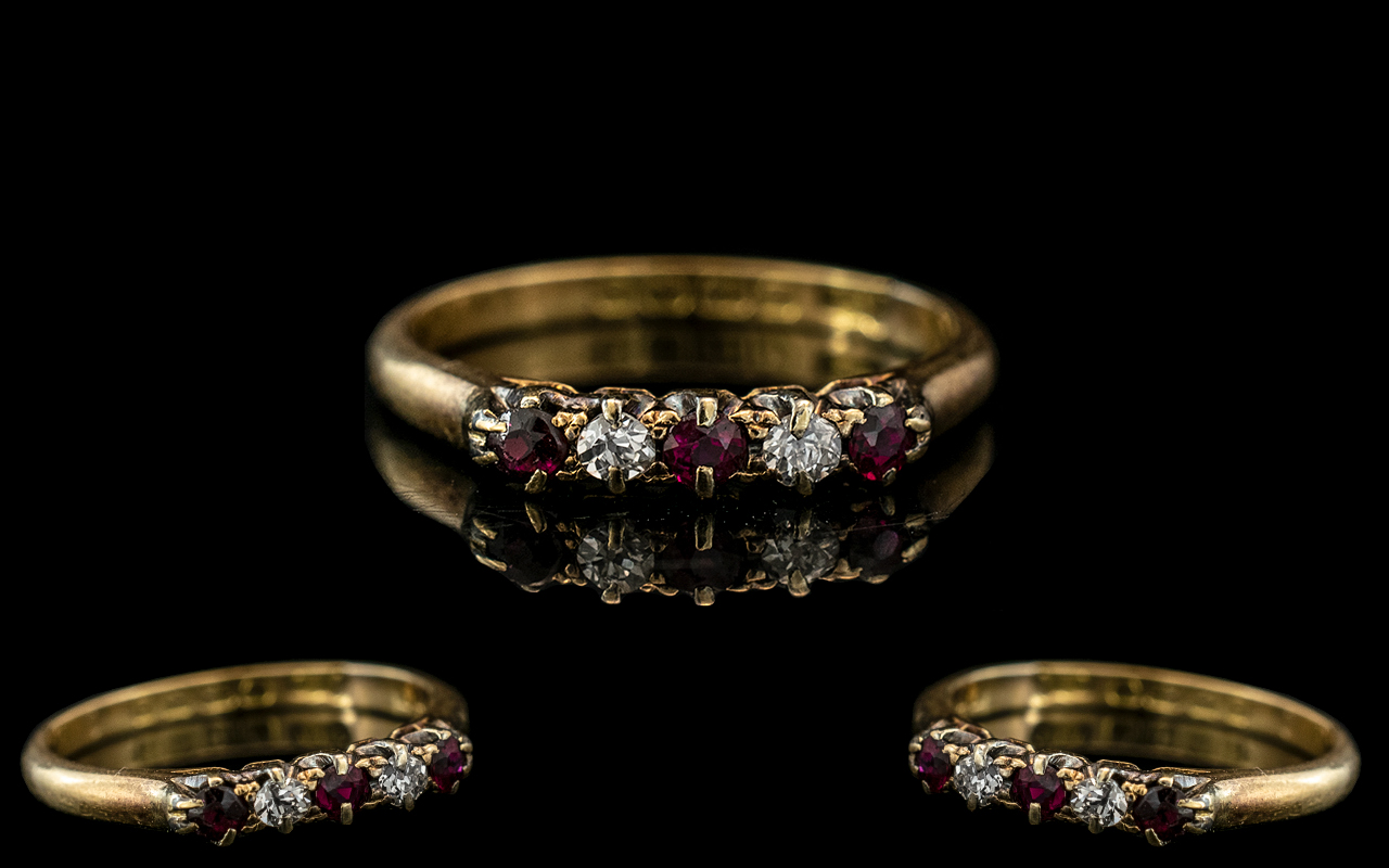 Ladies 18ct Gold - Attractive 5 Stone Ruby and Diamond Set Dress Ring.