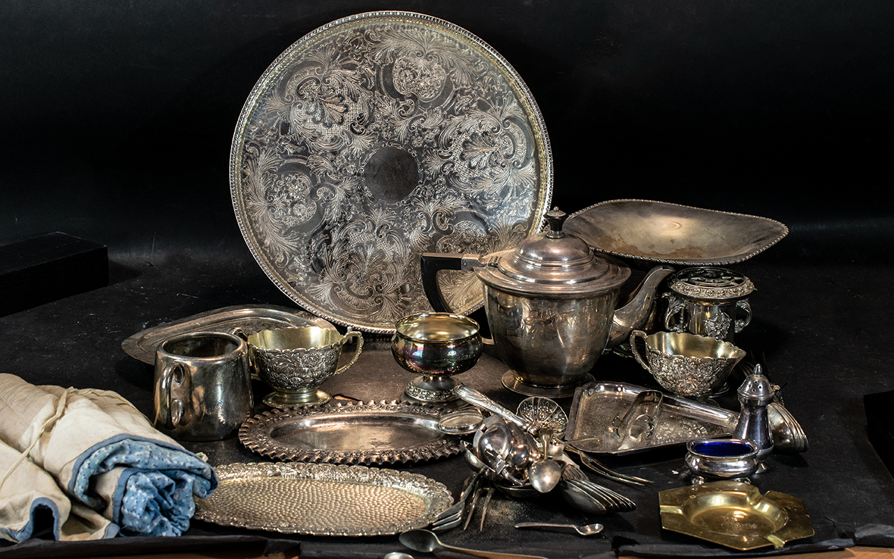A Collection of Assorted Silver Plated Items comprising tea pot, table ware, salt and pepper,