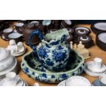 Large Victorian Jug & Bowl Set in blue floral glaze, bowl measures 16" x 12", jug measures 12" tall.