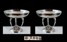 Scottish Silver Superb Pair of Planished Sterling Silver Arts and Crafts Style Pedestal Bowls,