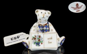 Royal Crown Derby Teddy 'With Love', fully marked to base, approx 3" tall.