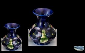 Moorcroft Small ' Blue Pansy ' Bulbous Vase. Full Stamps to Base. Approx Size 3 Inches High.