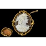 Antique Period Large and Impressive 9ct Gold Mounted Shell Cameo Brooch with Safety Chain.